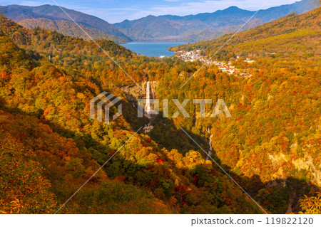 Akechidaira Observatory, Lake Chuzenji, Kegon Falls and Hakuun Falls in Oku-Nikko with autumn leaves illuminated by the morning sun 119822120