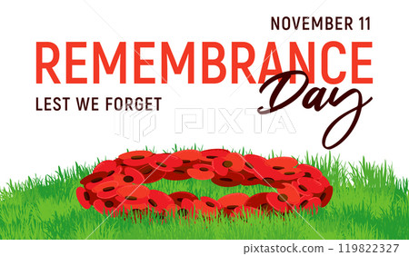 Traditional symbol of Remembrance Day on November 11. Vector illustration for Poppy Day in the UK. Wreath of paper poppies lies on green grass. Horizontal banner for ANZAC Day. 119822327