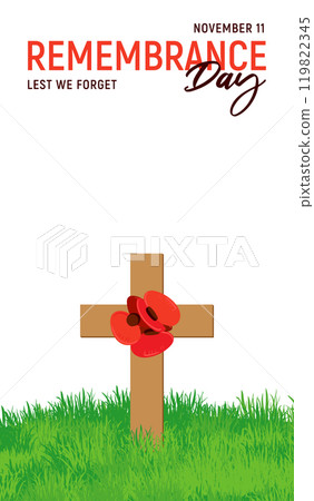 Vertical banner for Poppy Day 2024. Remembrance day for fallen soldiers in England and the USA. Wooden cross with paper red flowers on green grass. Vector illustration Anzac Day. Vertical banner for Poppy Day 2024. Remembrance day for fallen soldiers in England and the USA. Wooden cross with paper red flowers on green grass. Vector illustration Anzac Day. 119822345