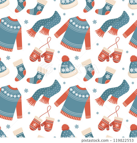 Seamless pattern with knitted winter clothes, Christmas mittens, hats, sweaters and socks. Holiday background for packaging 119822553