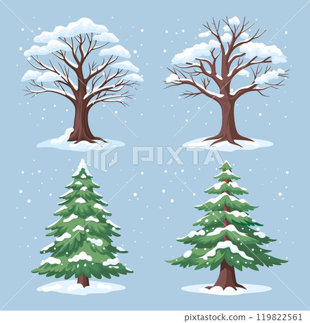 Set of winter trees and firs covered with snow on a blue background. Winter forest plants with snow on the branches. Illustration. 119822561