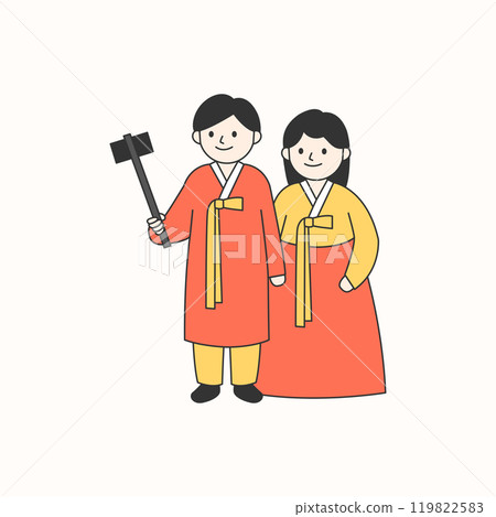 Travelers wearing hanbok and taking pictures with smartphone. 119822583