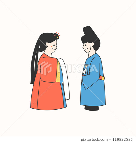 Bride and groom at a traditional Korean wedding ceremony. 119822585