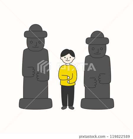 A man posing among traditional stone statues on Jeju Island, Korea. 119822589