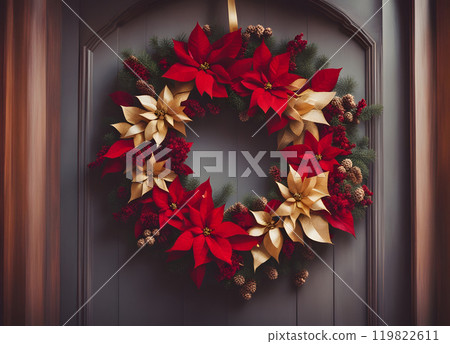 Amazing Christmas wreath with big red bow, Red Christmas Poinsettia flowers and Holly Berries on wooden background, Xmas celebration concept 119822611
