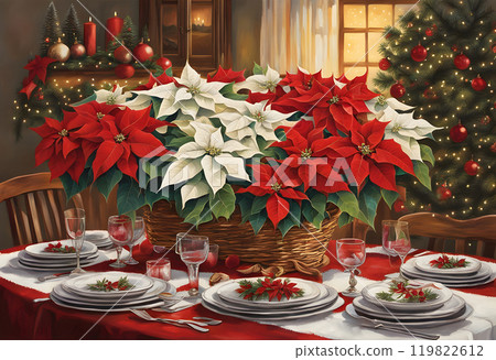 Christmas Red Poinsettia over candles in wooden vintage background with sparkling garland 119822612