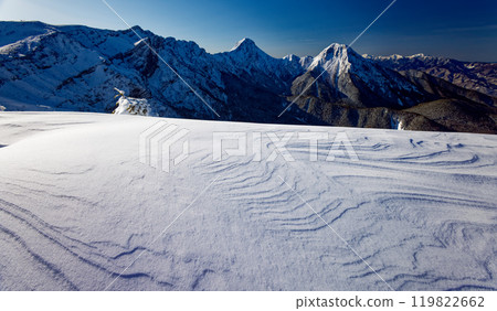 The Yatsugatake Mountain Range and the Southern Alps as seen from Akaiwanoto in the harsh winter The Yatsugatake Mountain Range and the Southern Alps as seen from Akaiwanoto in the harsh winter 119822662