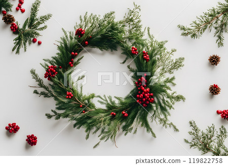 Festive holiday wreath, holly leaves and bells Christmas decorations, vintage Christmas holidays wreath. Festive holiday wreath, holly leaves and bells Christmas decorations, vintage Christmas holidays wreath. 119822758