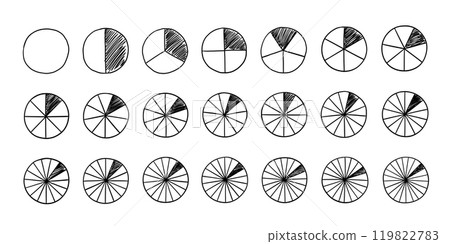 Hand drawn circular chart, pie or pizza slice. Wheel division into fractions, circular shape sectors. Vector doodles Hand drawn circular chart, pie or pizza slice. Wheel division into fractions, circular shape sectors. Vector doodles 119822783