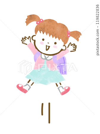 Hand-drawn illustration of an energetic girl carrying a school bag jumping Hand-drawn illustration of an energetic girl carrying a school bag jumping 119822836
