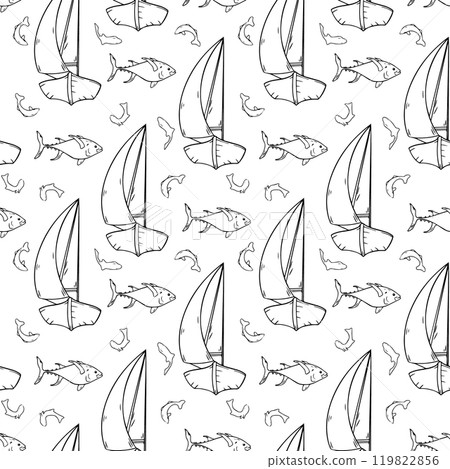 Sailing ship black and white vector graphic seamless pattern isolated. Sail vessel and fish tuna hand drawn monochrome repeating background. Contour fish and ship by ink. Marine line art wallpaper. 119822856