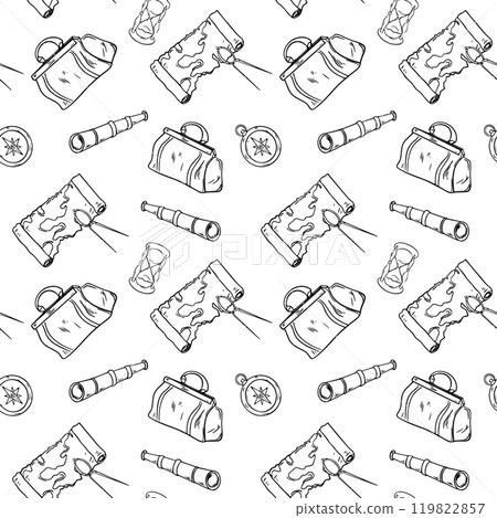 Compass, spyglass, map, carpet bag black and white vector graphic seamless pattern. Repeating background for boys adventure print. Monochrome vintage travel print in line art hand drawn. 119822857