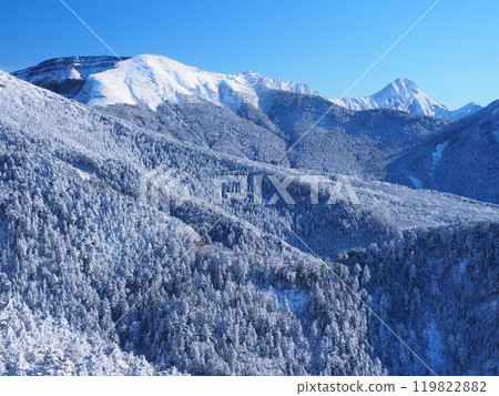Mt. Iou seen from Mt. Tengu in the Yatsugatake Mountains in winter Mt. Iou seen from Mt. Tengu in the Yatsugatake Mountains in winter 119822882