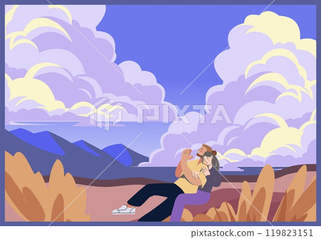 Dream clouds. Scenic landscape. Couple looking at nature scenery. Sunset cloudscape. Summer hill meadows. Man and woman hugging. Watching to horizon. Park picnic. Outdoor walk. Vector illustration 119823151