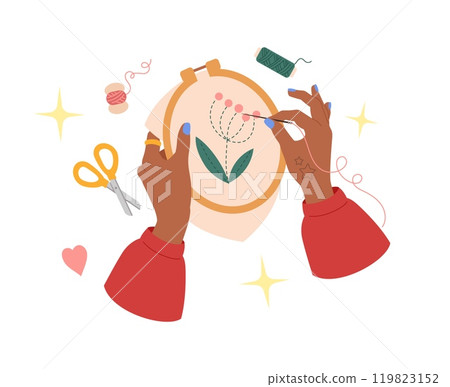 Handmade crafts. Embroidery hoop. Tools for hobbies. Handicraft accessory. Creative needle handmade craftsmanship. Handiwork sewing. Artisan workshop. DIY creativity. Vector artisan needlework concept 119823152