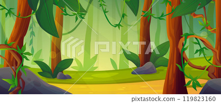 Jungle background. Rainforest cartoon scene. Fantasy wild landscape. Tropical flora game. Summer travel. Nature wood greenery. Green trees foliage. Liana branches. Sunlight ray. Vector exotic panorama 119823160