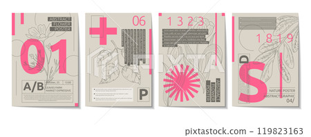 Abstract poster design. Typography graphic background. Flower line print. Creative letter calligraphy. Modern art. Geometric shape. Concert invitation. Numbers font. Vector garish banner templates set 119823163
