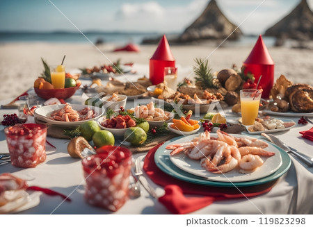 Christmas in hot countries. A festive table on the beach. Christmas in hot countries. A festive table on the beach. 119823298