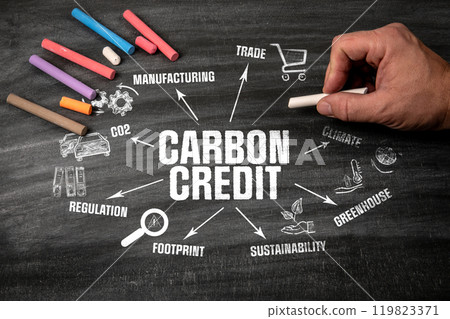 Carbon Credit Concept. Black scratched textured chalkboard background 119823371