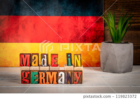 Made in Germany. Alphabet blocks on a white painted wooden background 119823372