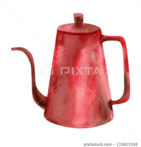 Red ceramic tea pot with cap and long spout watercolor illustration. Hand drawn kitchen utensils for making morning beverage like tea or coffee. Clipart for menu, cafeteria poster,wallpaper design 119823508