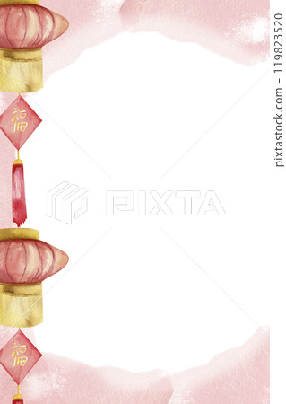 Asian red paper lanterns with hanging papers on watercolor splashes greeting card template. Hand drawn lunar festival decor for poster, gift or product packing design. 119823520