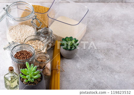 Zero waste storage concept with groats in jars Zero waste storage concept with groats in jars 119823532