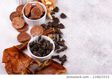 Assortment of different dog treats and snack Assortment of different dog treats and snack 119823533