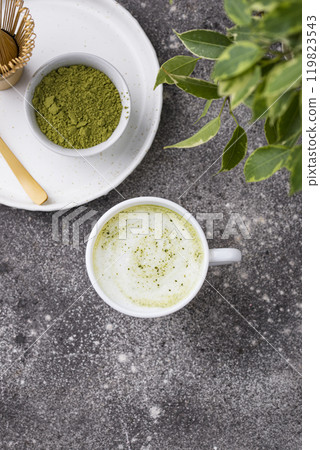 Green healthy matcha latte drink 119823543