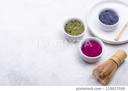 Green, blue and pink matcha powder Green, blue and pink matcha powder 119823560