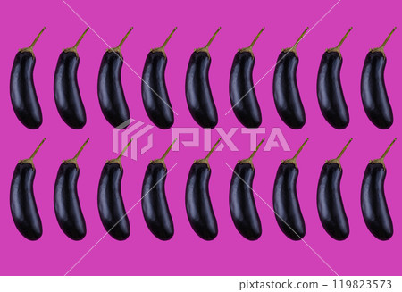 Rows of glossy black eggplants on vibrant pink Rows of glossy black eggplants on vibrant pink 119823573