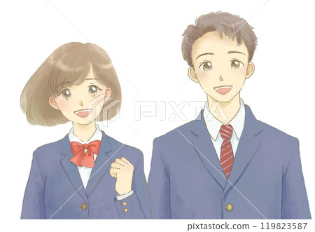 Illustration of men and women in uniforms, fist pump Illustration of men and women in uniforms, fist pump 119823587