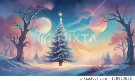 colorful illustration of Christmas background of defocused lights with decorated Christmas tree. 119823638