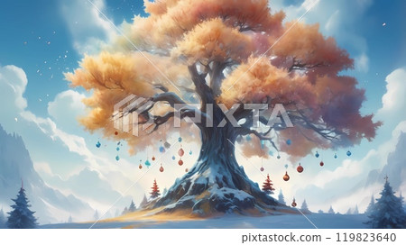 colorful illustration of Christmas background of defocused lights with decorated Christmas tree. 119823640