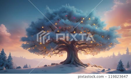 colorful illustration of Christmas background of defocused lights with decorated Christmas tree. 119823647