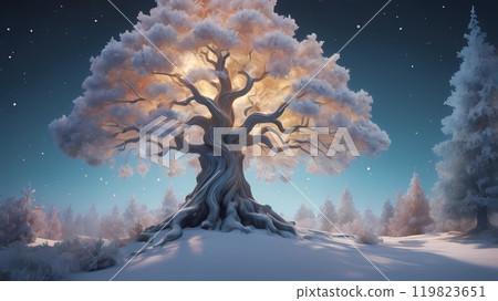 colorful illustration of Christmas background of defocused lights with decorated Christmas tree. 119823651