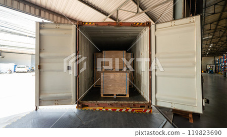 Cardboard boxes loaded onto a container truck Cardboard boxes loaded onto a container truck 119823690