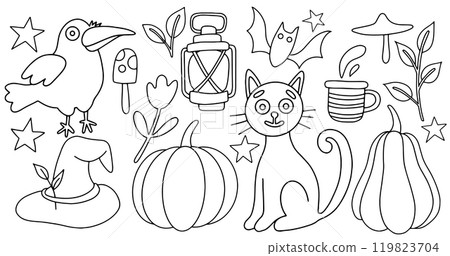 coloring book.cute vector set for halloween. funny characters for kids. doodle coloring book.cute vector set for halloween. funny characters for kids. doodle 119823704