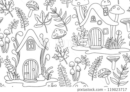 Coloring book. Vector seamless pattern with cute fairy-tale mushroom houses. Drawing in doodle style 119823717