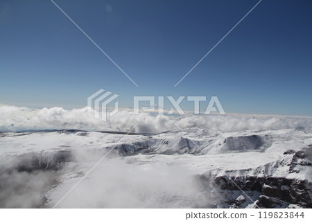 Majestic snow-capped mountain range under clear blue sky, a breathtaking winter wonderland Majestic snow-capped mountain range under clear blue sky, a breathtaking winter wonderland 119823844