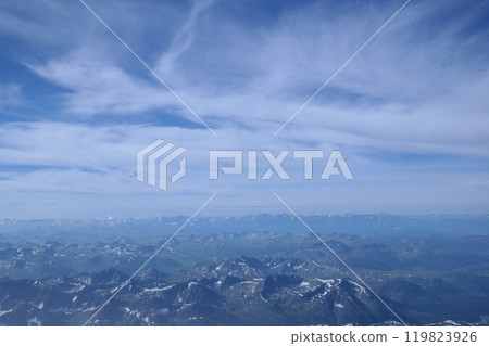 Tranquil Lake With Lush Green Forest, Snow-Capped Mountain, Blue Sky And White Clouds 119823926