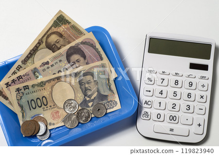 Image of cash settlement with new banknotes, coins and a calculator 119823940