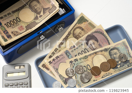 Illustration of settlement using a portable safe and cash 119823945