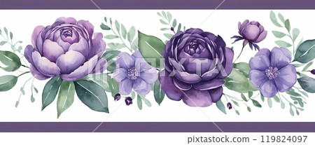 Colorful floral border design featuring purple and red roses deal for invitations or greeting cards 119824097