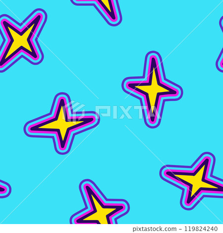 Colorful groovy hippie pattern with geometric star shapes on blue background 119824240
