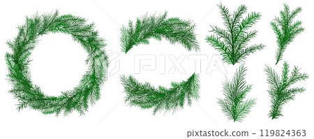 Hand drawn fir set includes wreath, frame, twigs and bunches of fir and pine branches 119824363