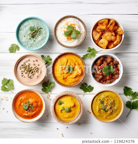 Different bowls with assorted indian food on white wooden background, top view. Different bowls with assorted indian food on white wooden background, top view. 119824376