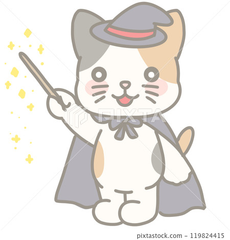 魔術師的印花布貓用魔杖施展魔法的插圖 119824415