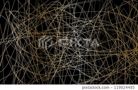 An abstract background filled with chaotic lines in gold and white hues on a black backdrop. Concept of dynamic design. Vector illustration 119824485