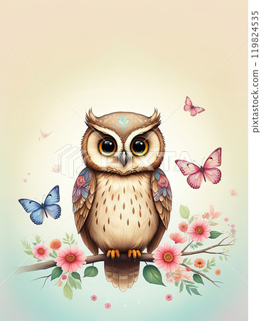 Owl with Large Eyes on Branch with Butterflies and Flowers 119824535